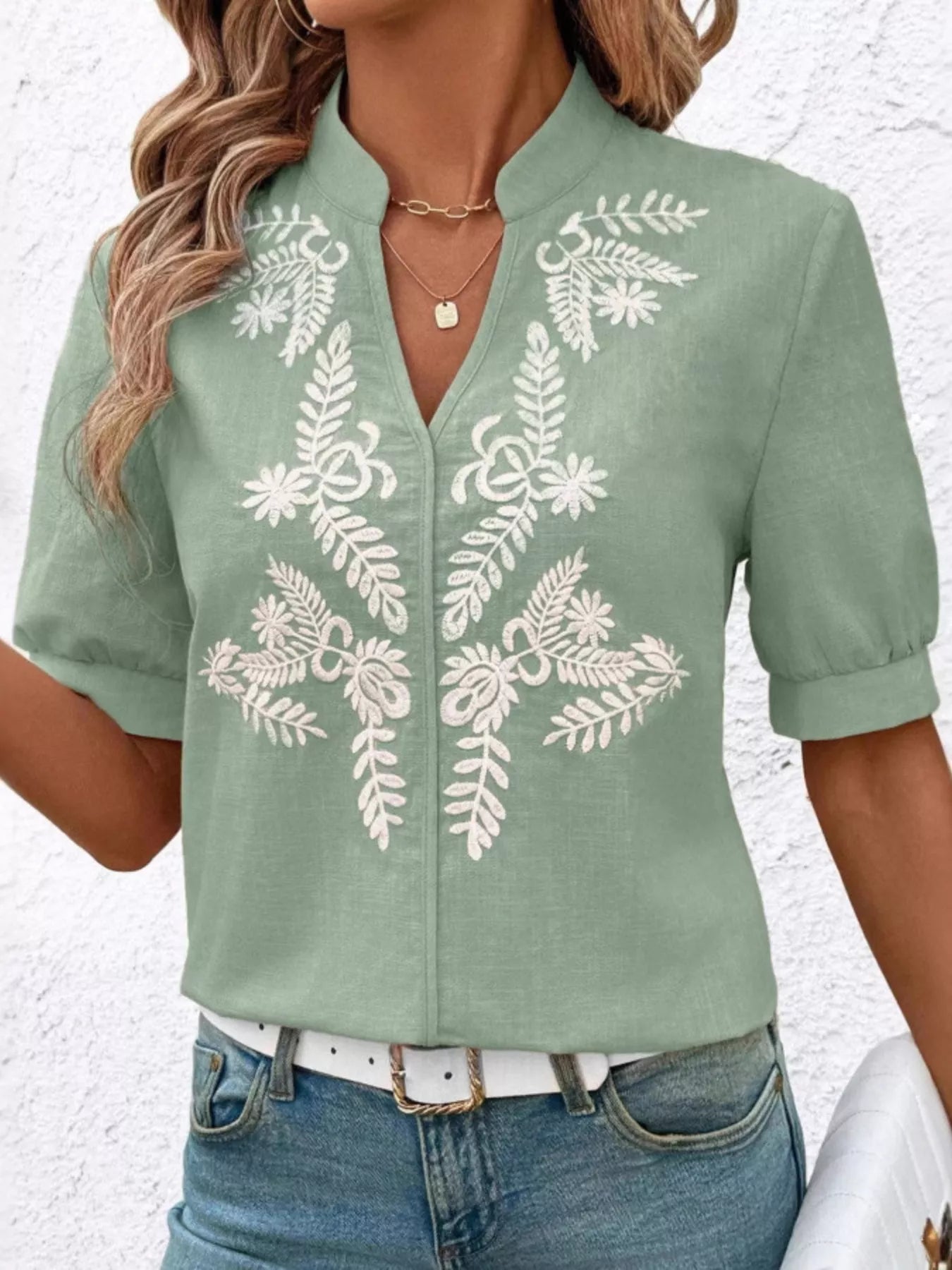 Embroidered Notched Short Sleeve Blouse 