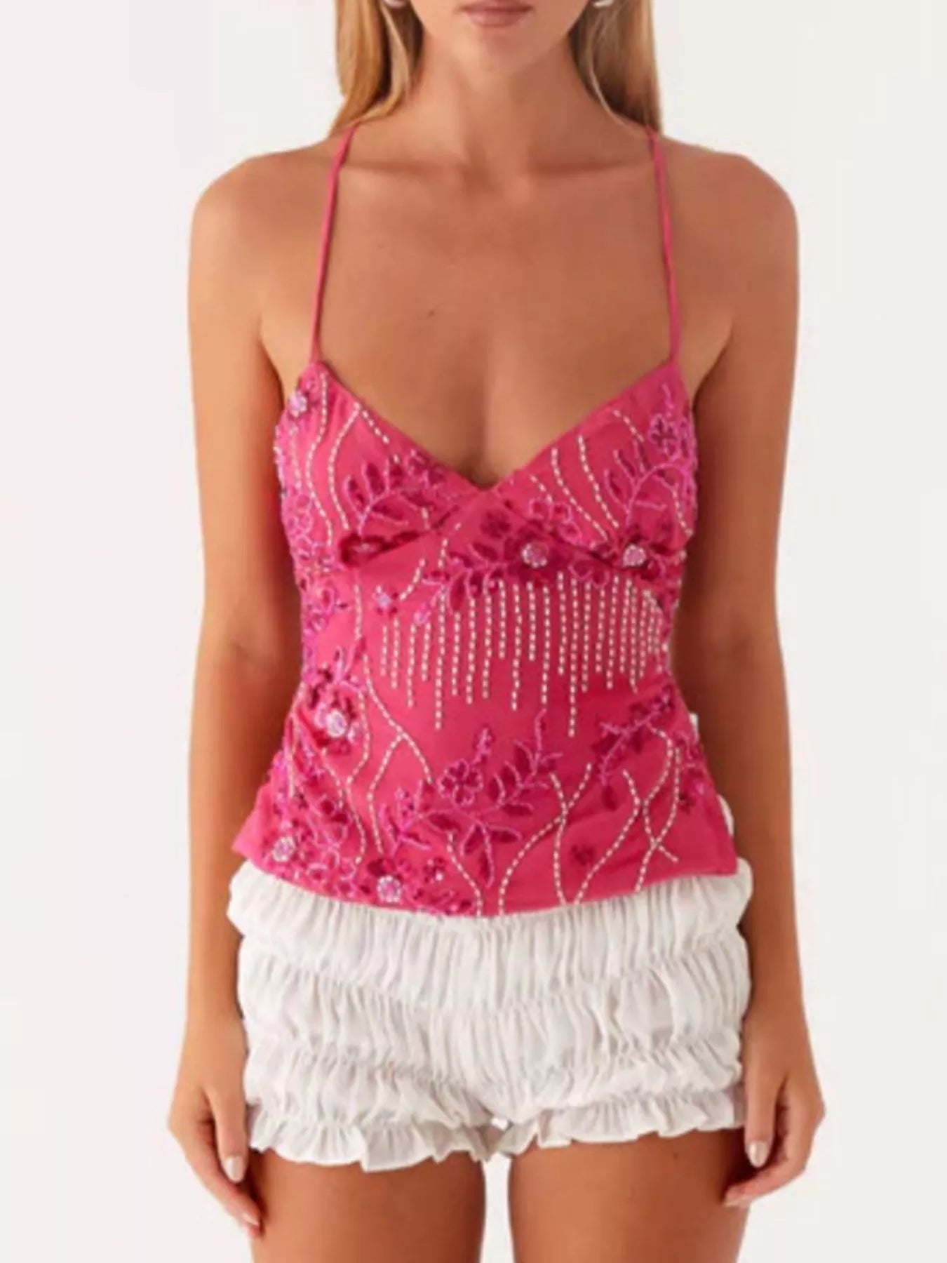 Floral Lace Up Back V-Neck Cami 