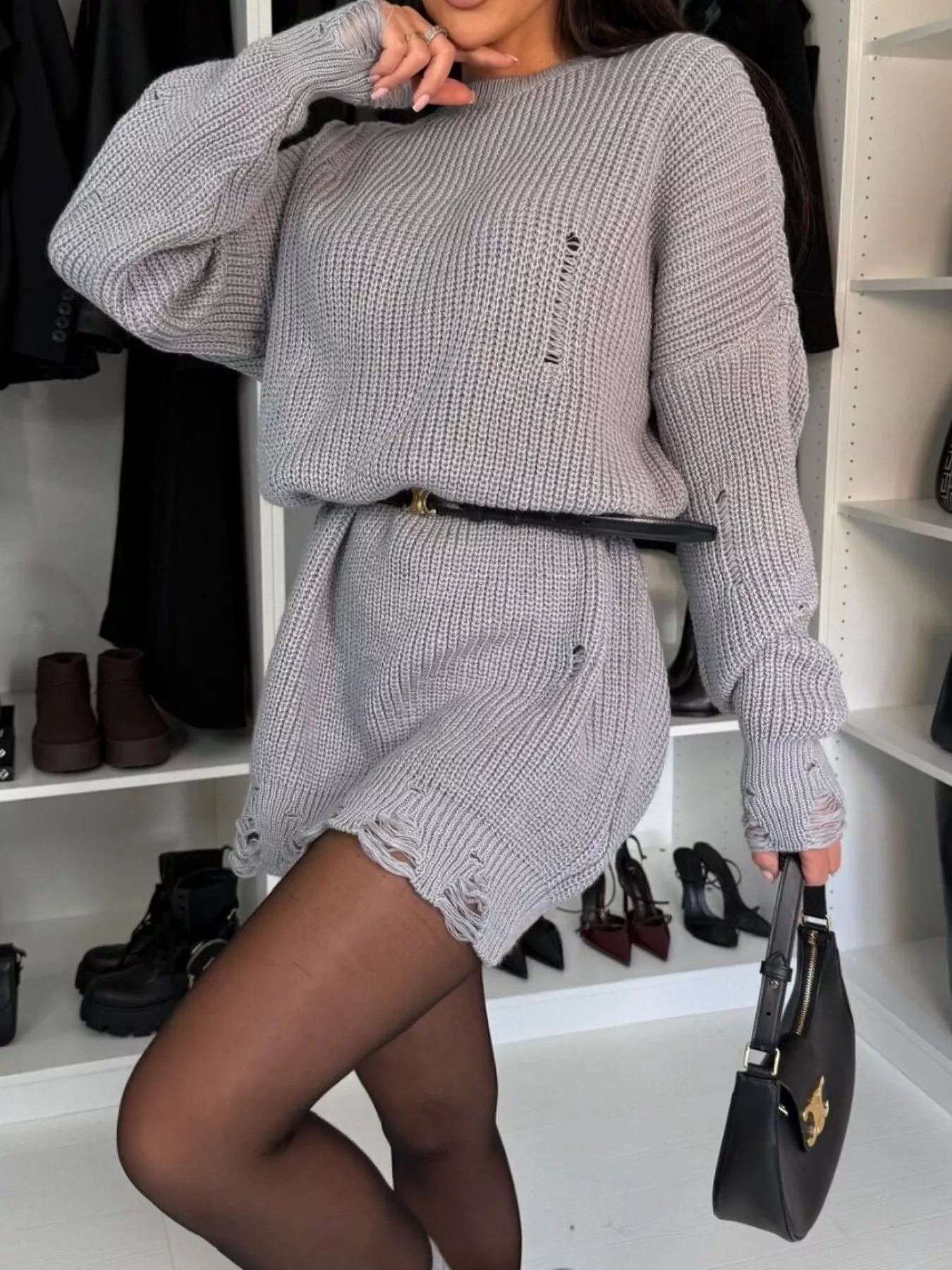 Distressed Round Neck Drop Shoulder Sweater Dress 