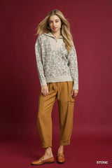 Umgee Leopard Print Quarter-Zip Knit Sweater 