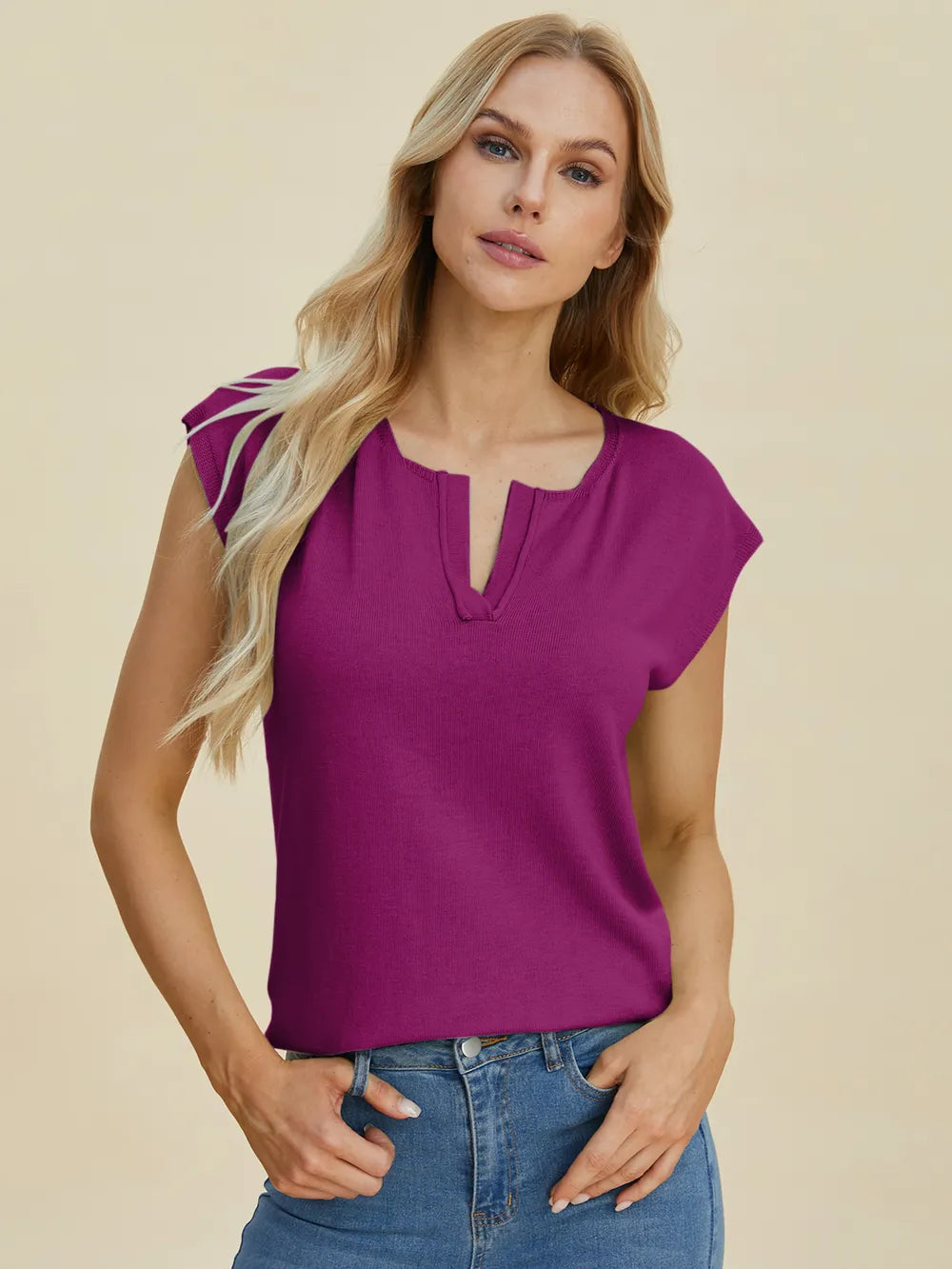 Double Take Full Size Notched Cap Sleeve Knit Top 