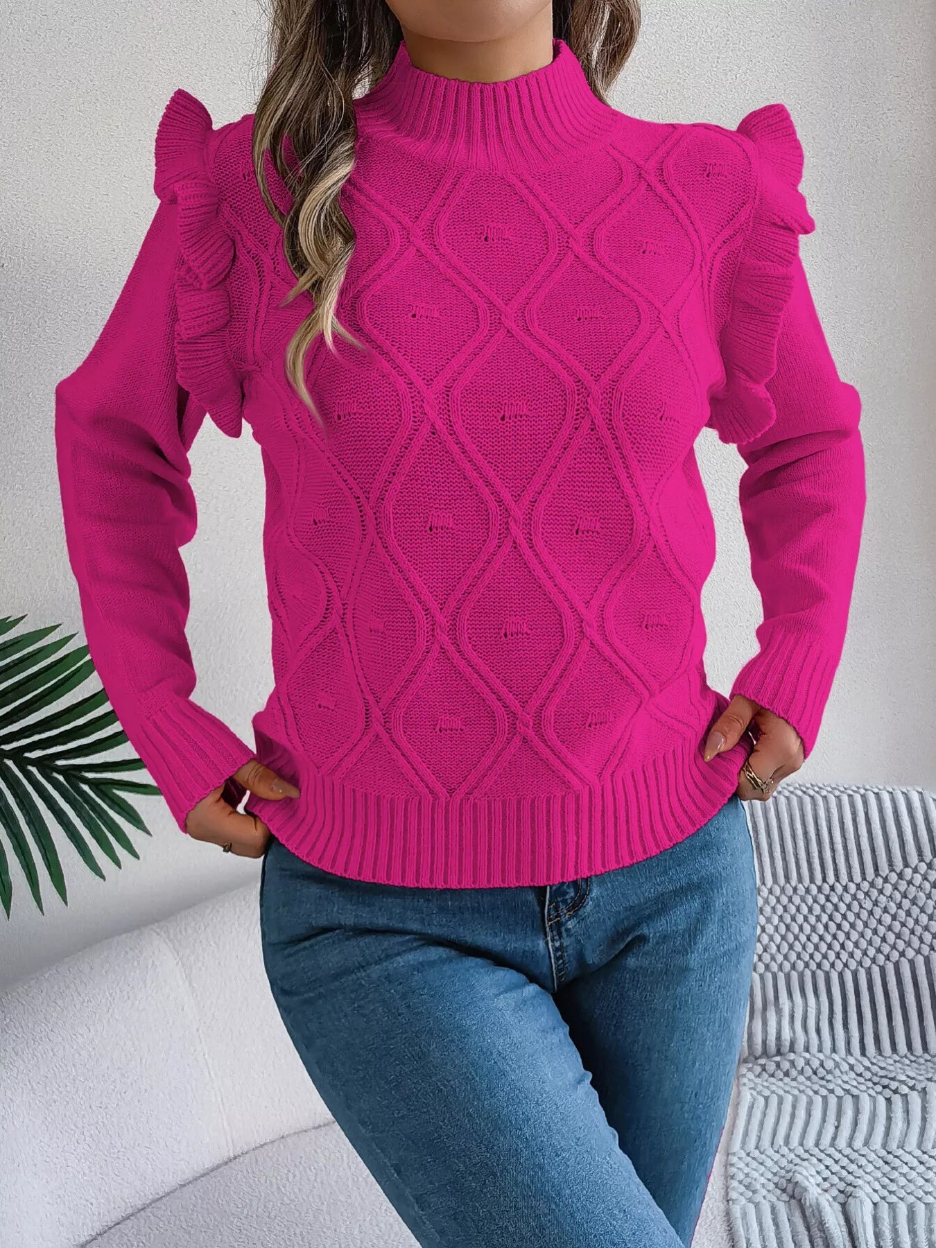 Mock Neck Ruffle Trim Long Sleeve Sweater 