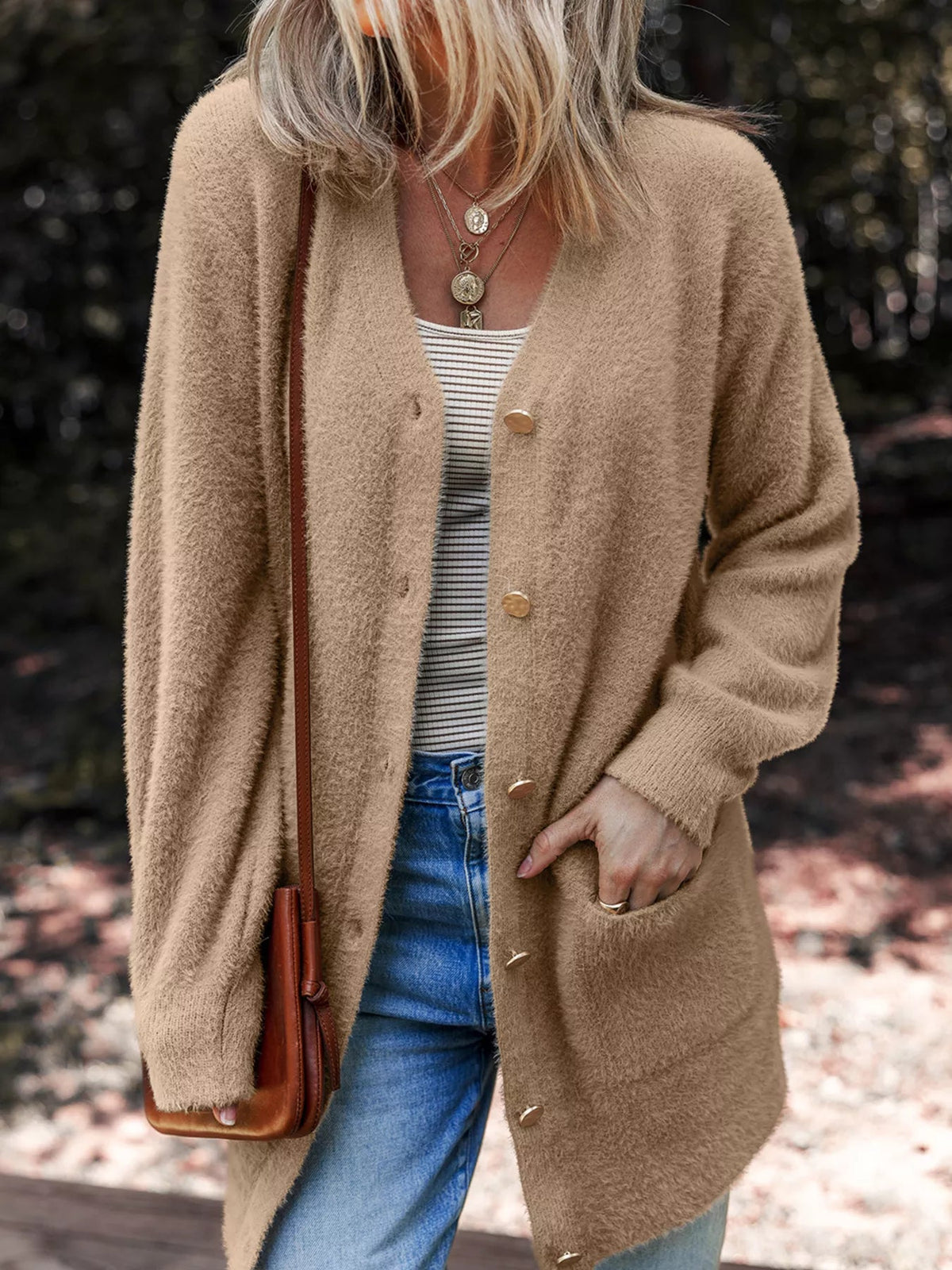 Fuzzy Buttoned Front Cardigan with Pockets 