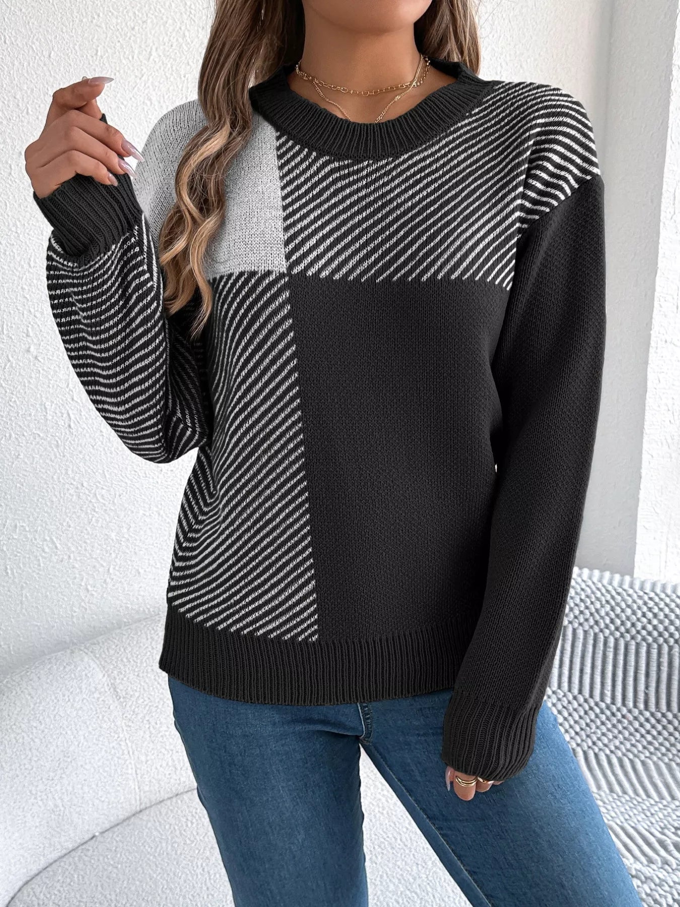 Color Block Striped Round Neck Sweater 