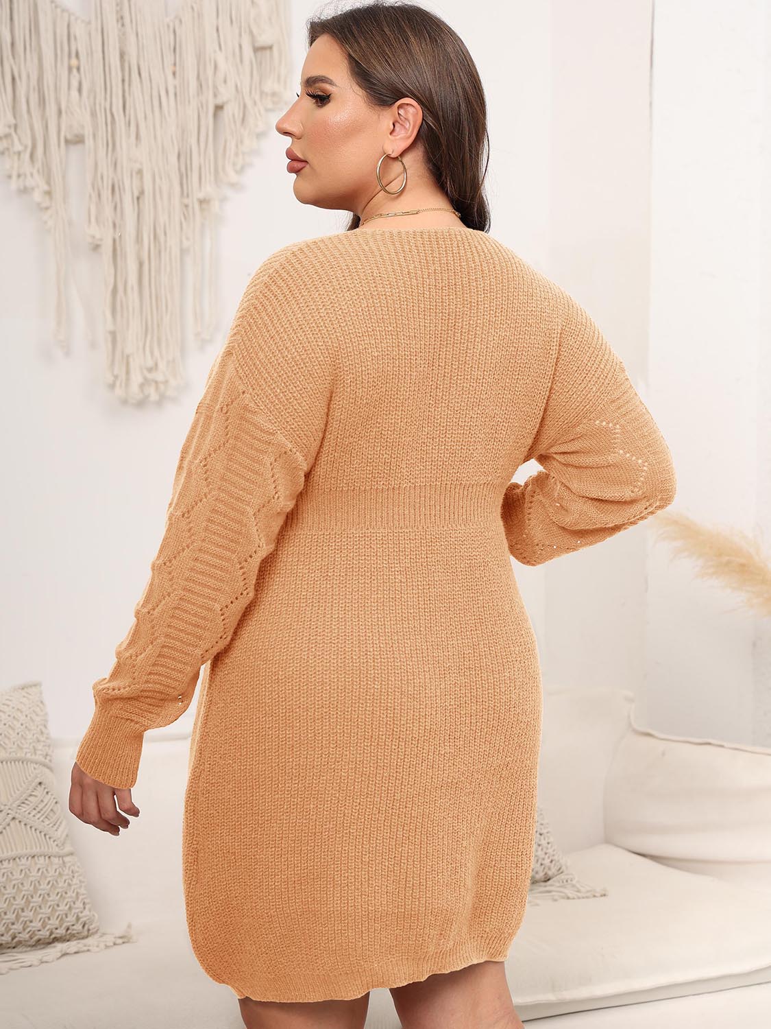 Plus Size Dropped Shoulder Long Sleeve Knit Mini Dress 