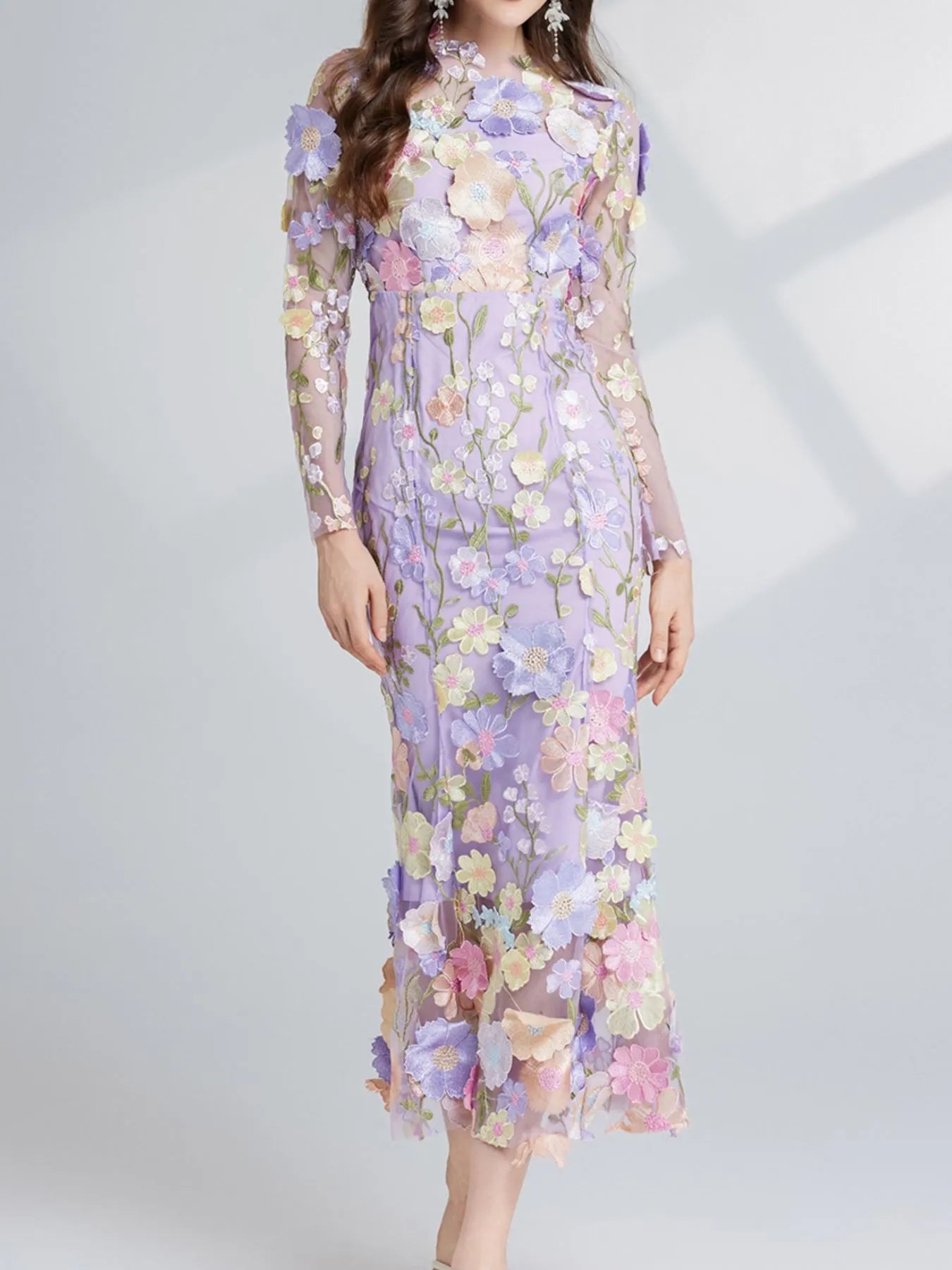 Floral Embroidered Mesh Long Sleeve Midi Dress 