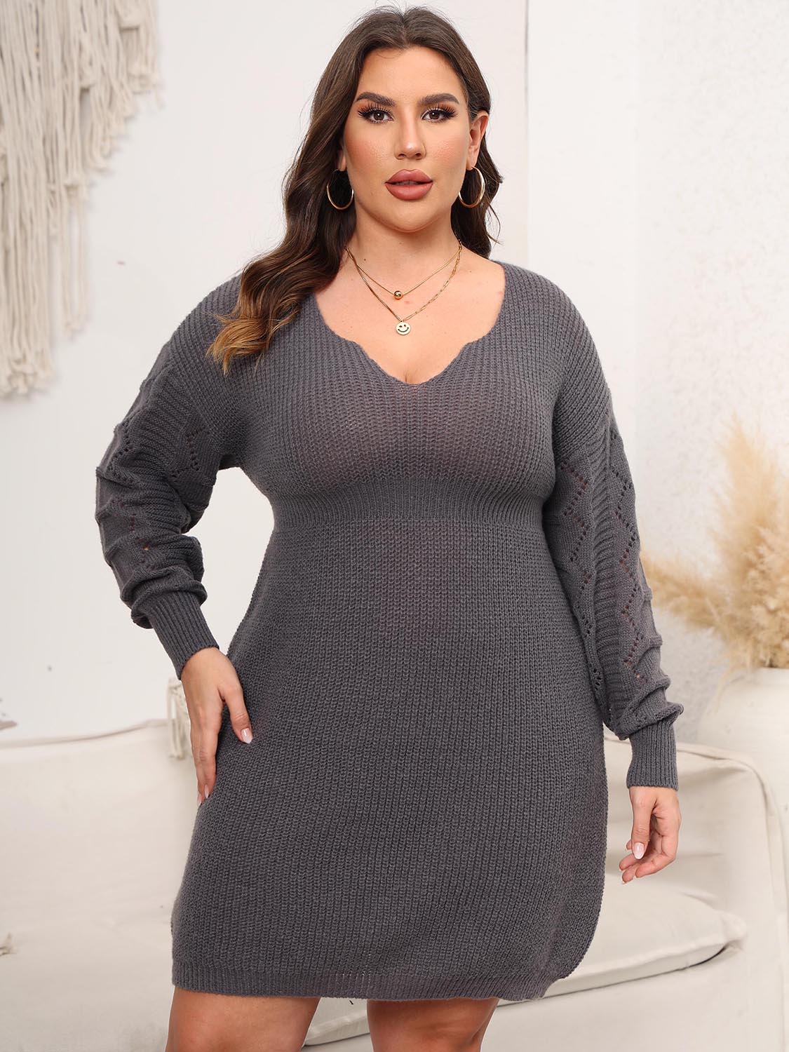 Plus Size Dropped Shoulder Long Sleeve Knit Mini Dress 
