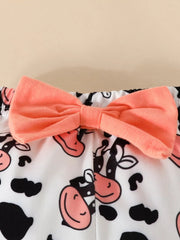 Children's Cow Graphic Ruffle Trim Bodysuit and Pants Set 