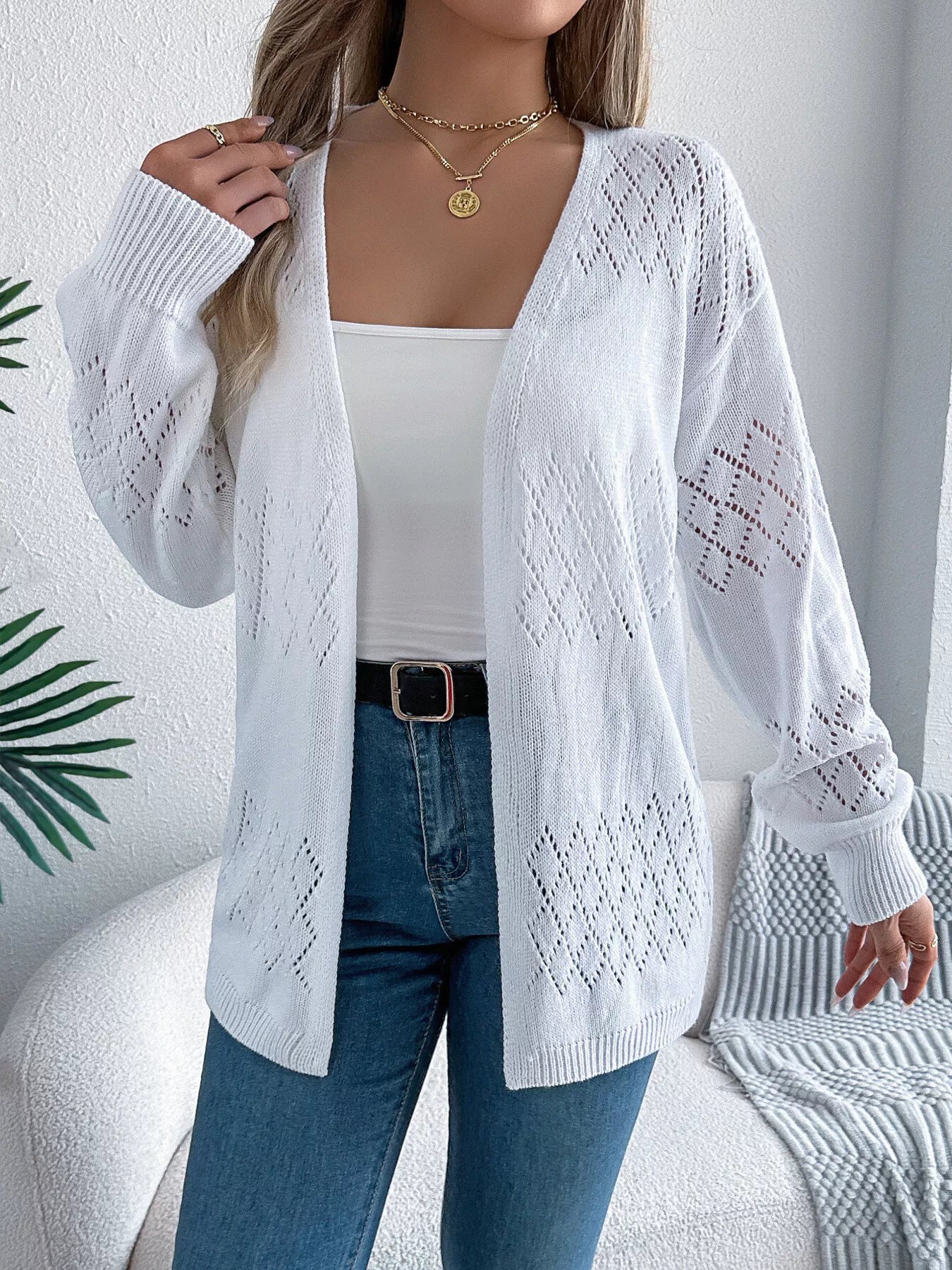Openwork Open Front Long Sleeve Cardigan 