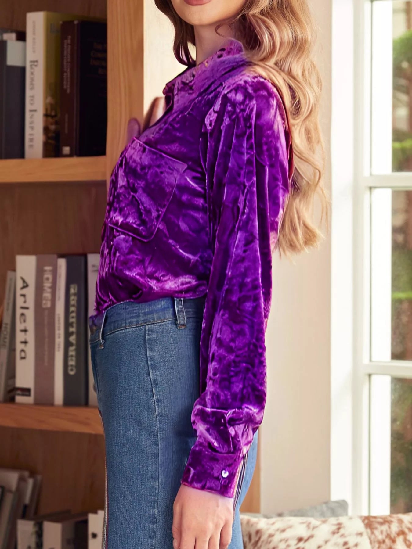 Velvet Button-Down Long Sleeve Shirt 