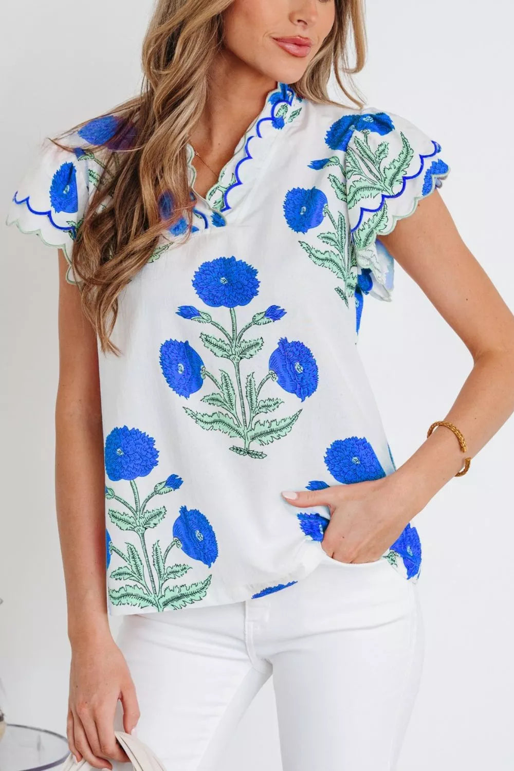 Contrast Scallop Trim Layered Short Sleeve V Neck Blouse 