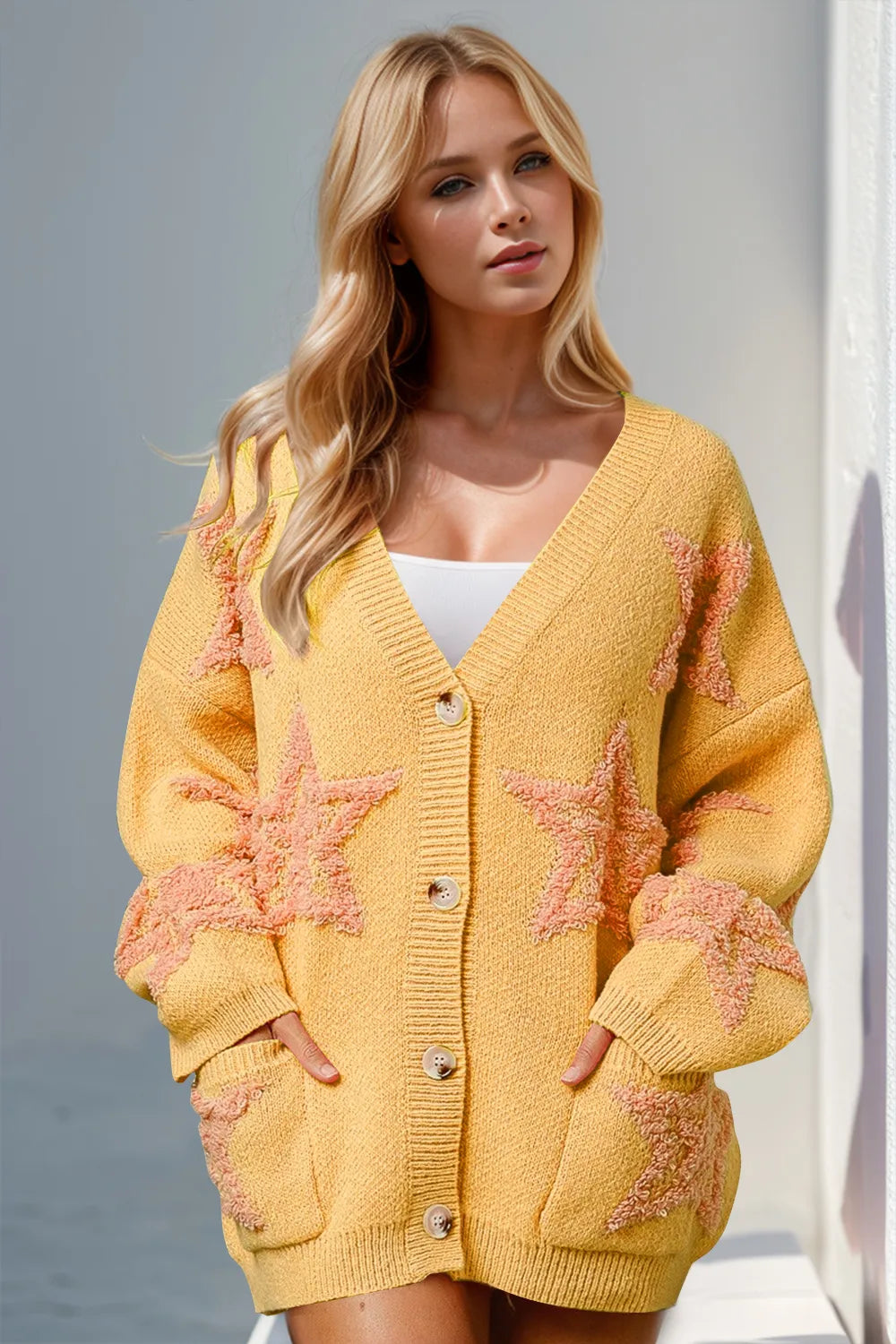 Double Take Full Size Button Up Star Pattern Cardigan 