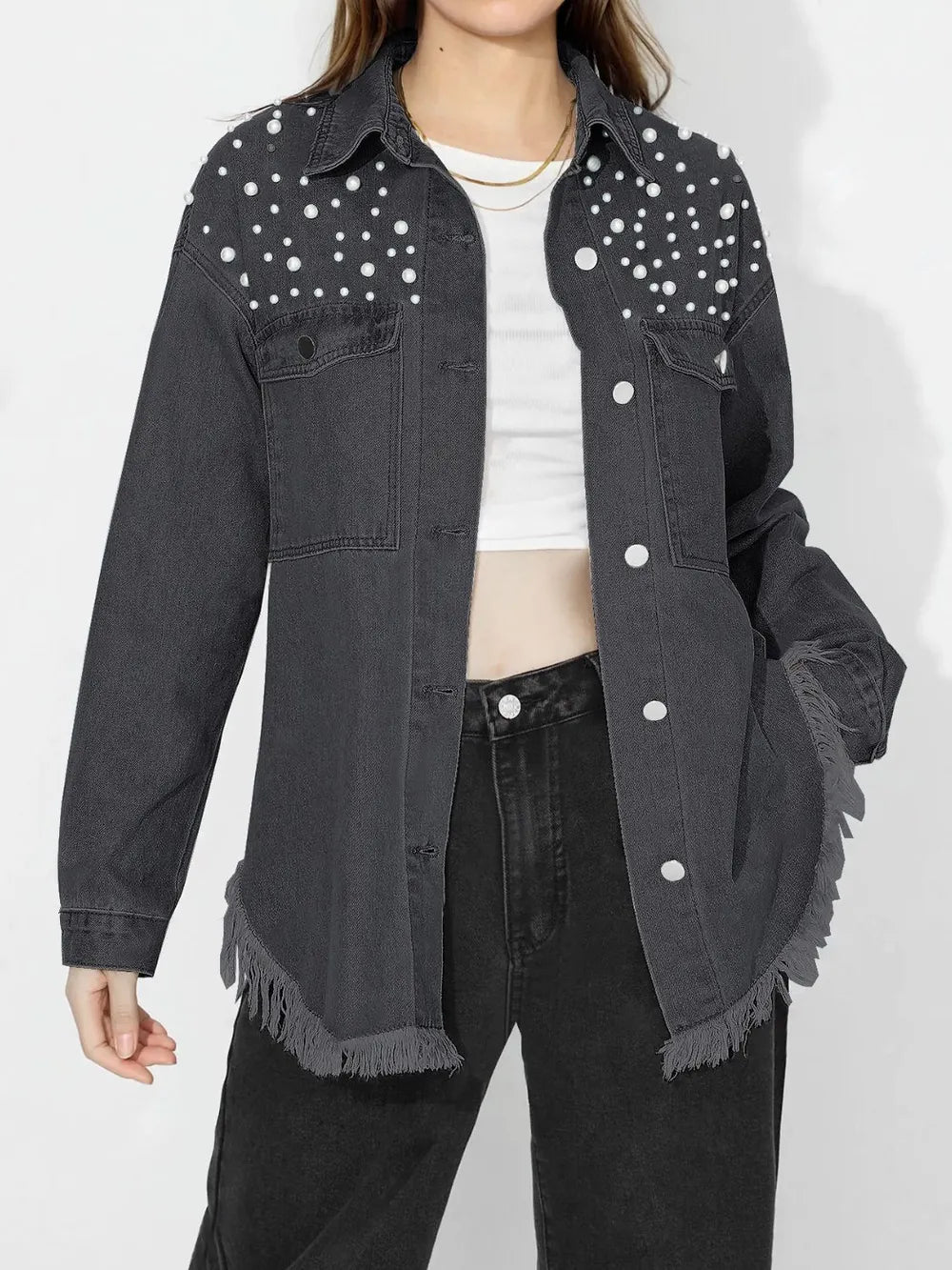 Raw Hem Pearl Trim Collared Neck Denim Top 