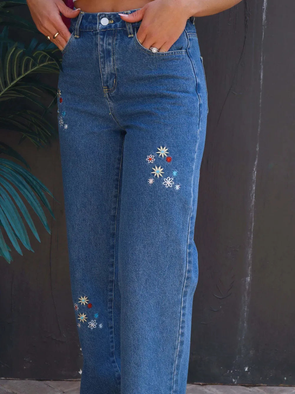 Embroidered Straight Jeans with Pockets 