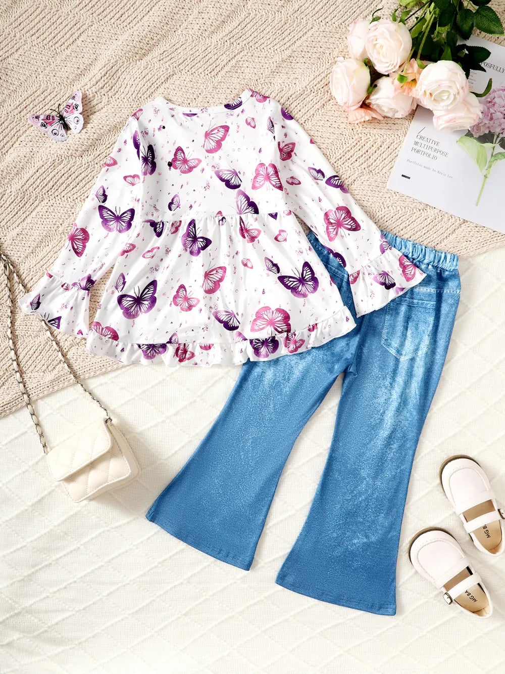 Children's Butterfly Print Top and Flare Pants Set 