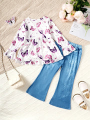 Children's Butterfly Print Top and Flare Pants Set 
