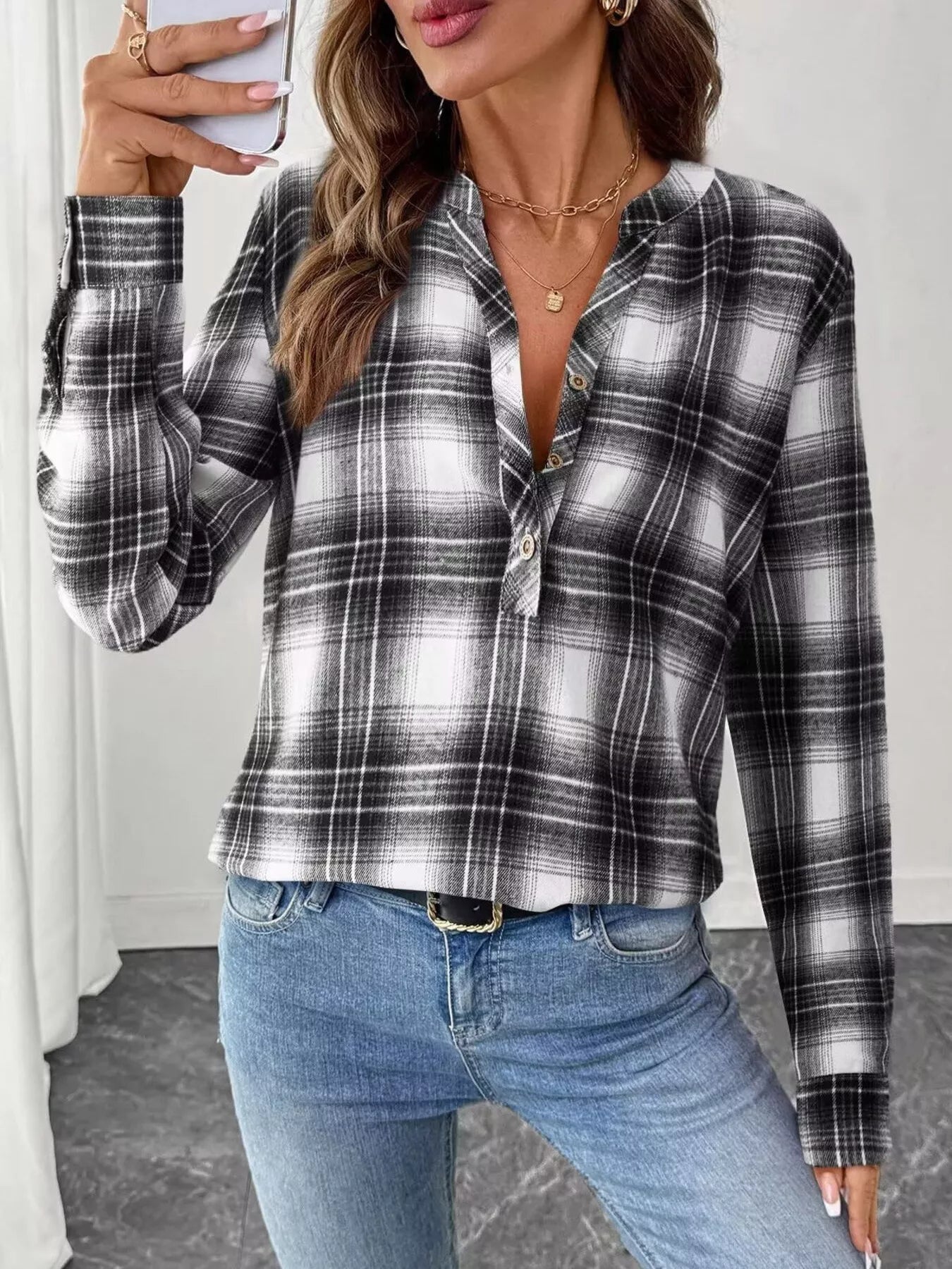 Plaid Half Button Long Sleeve Blouse 