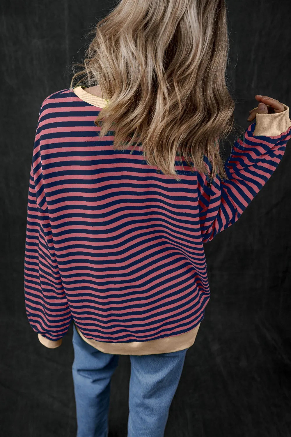 Pumpkin Striped Round Neck Long Sleeve Sweatshirt 