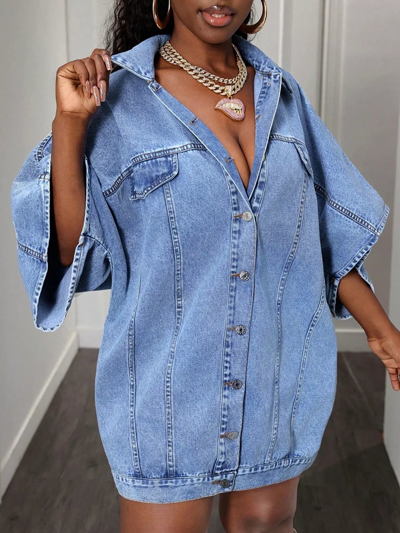 Oversized Batwing Sleeve Denim Top 