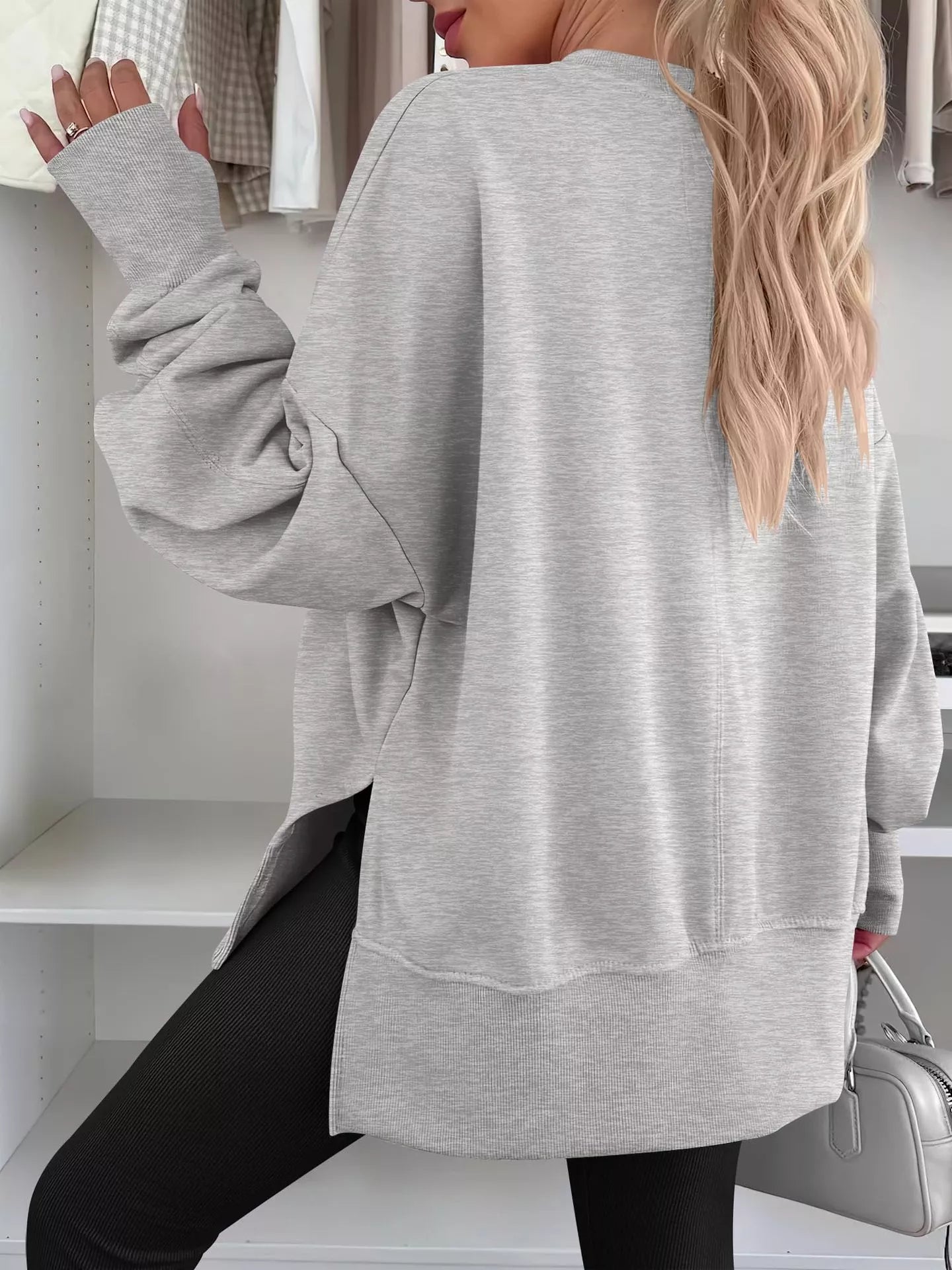 Side Slit Round Neck Long Sleeve Sweatshirt 