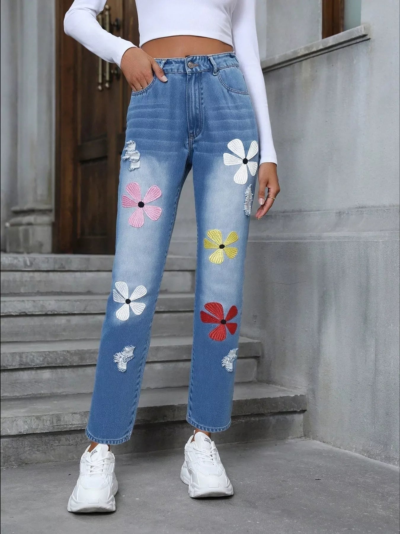 Floral Embroidered High Waist Distressed Jeans 