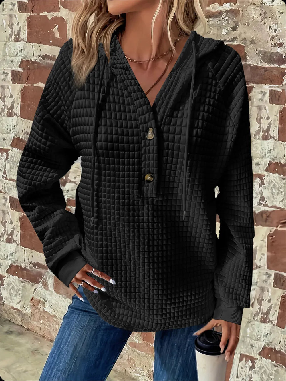 Full Size Texture Button Detail Drawstring Long Sleeve Hoodie 