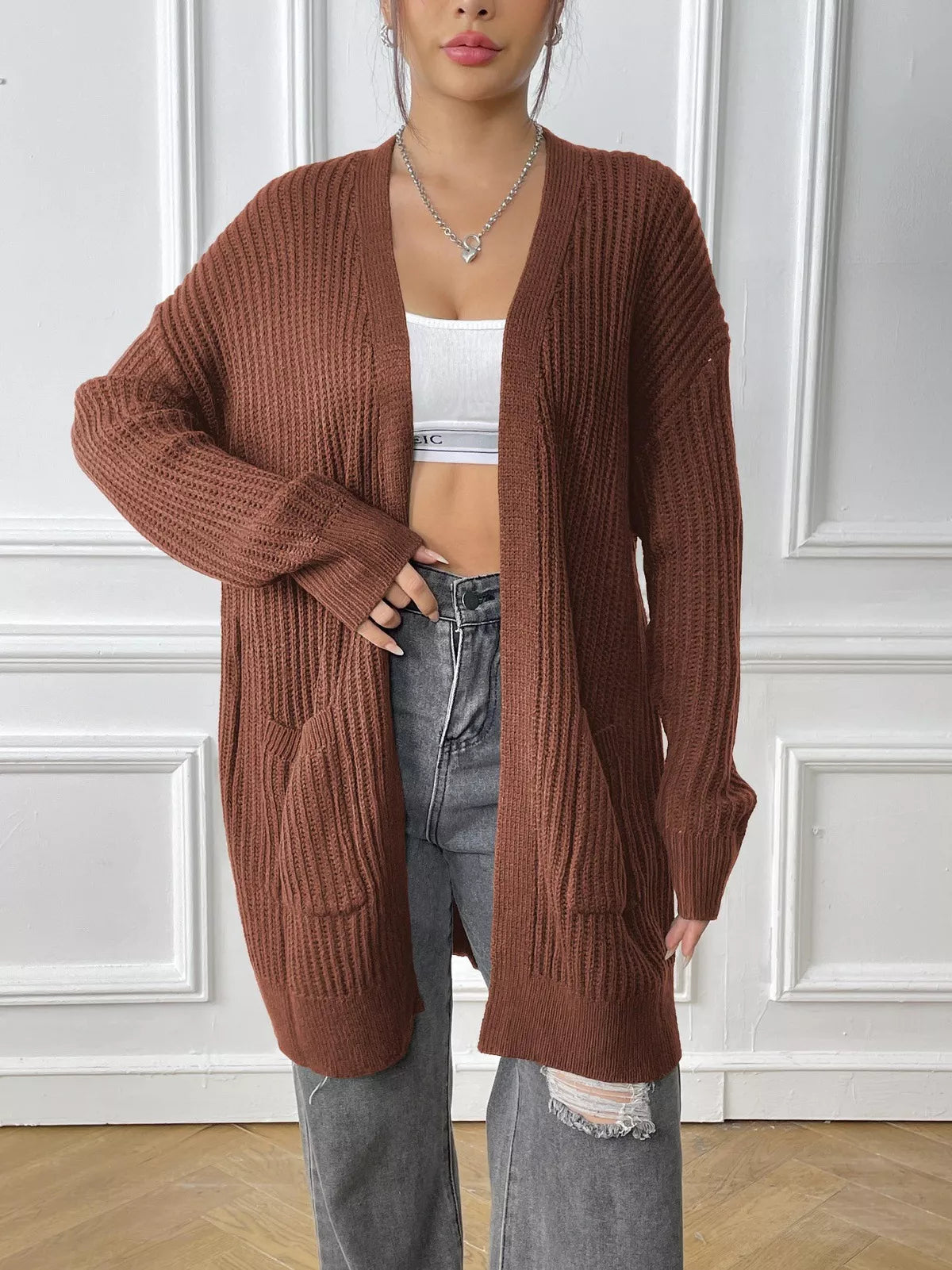 Open Front Drop Shoulder Cardigan 