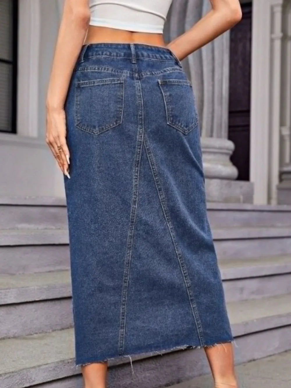 Slit Midi Denim Skirt with Pockets 