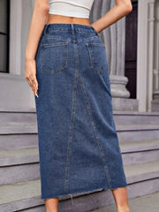Slit Midi Denim Skirt with Pockets 