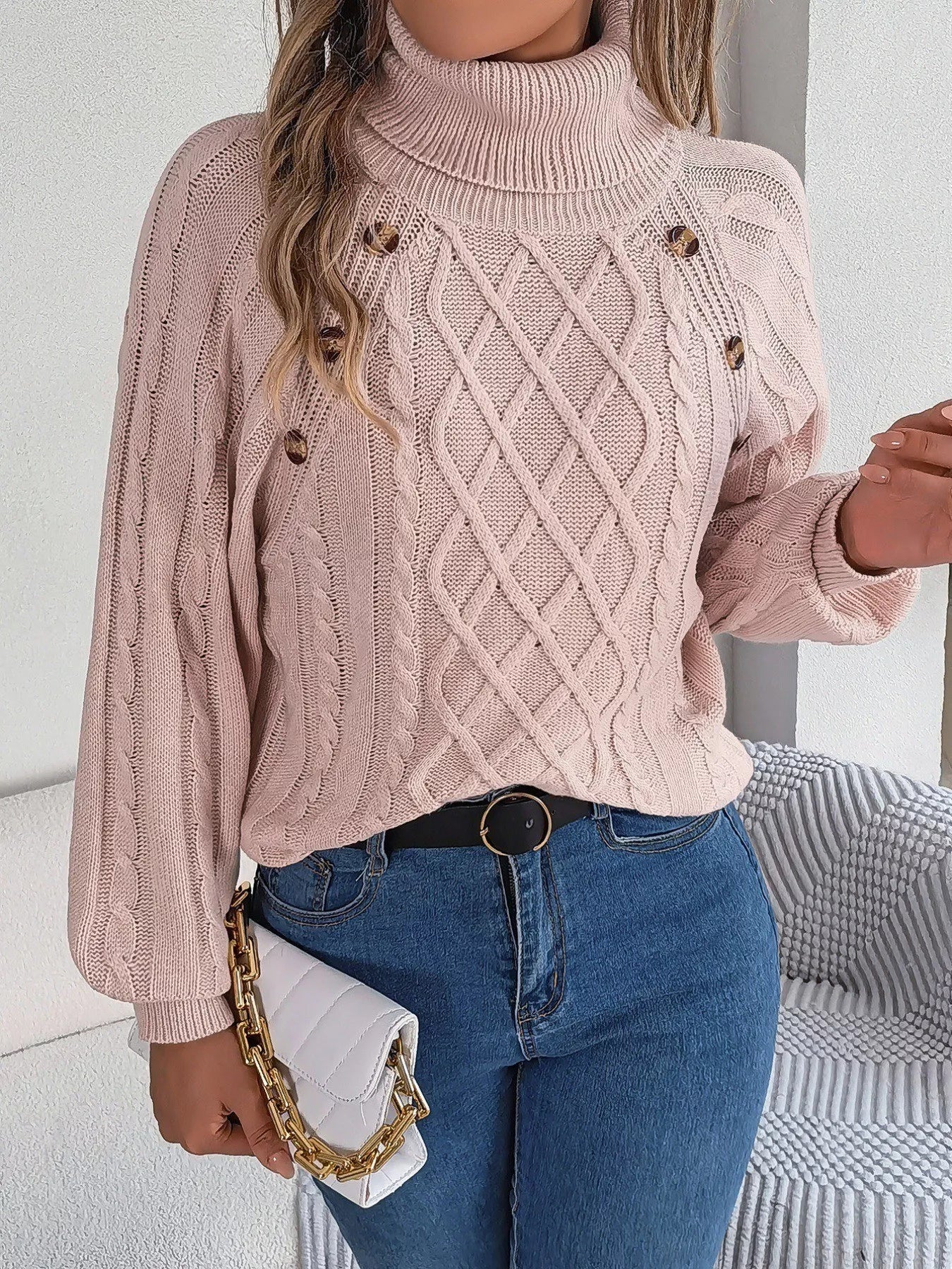 Cable Knit Turtleneck Long Sleeve Sweater 
