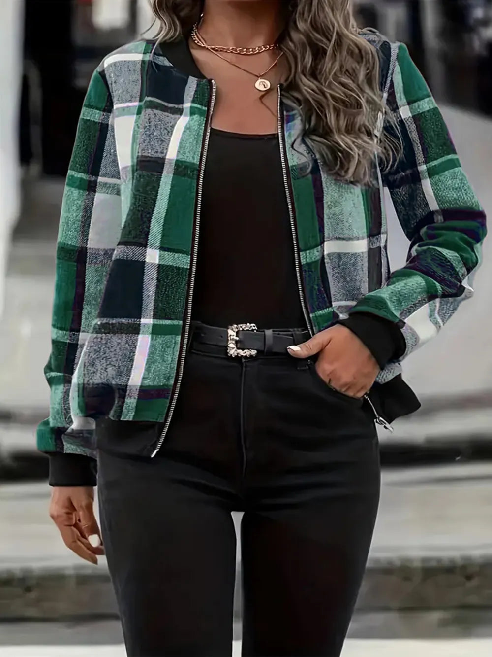 Plus Size Plaid Baseball Collar Zip Up Jacket 