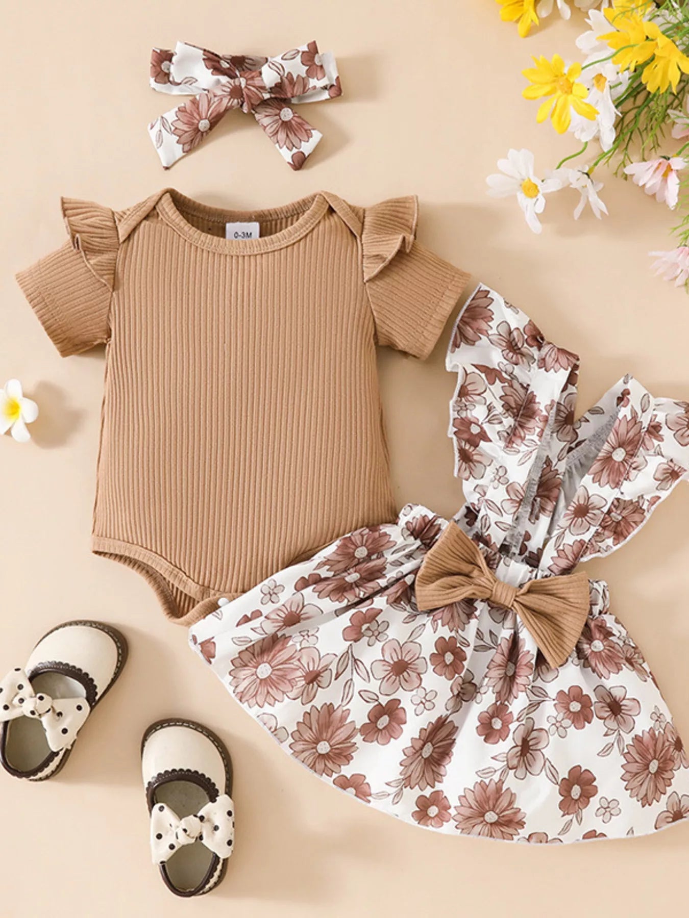 Children's Floral Print Ruffle Trim Baby Set with Headband 