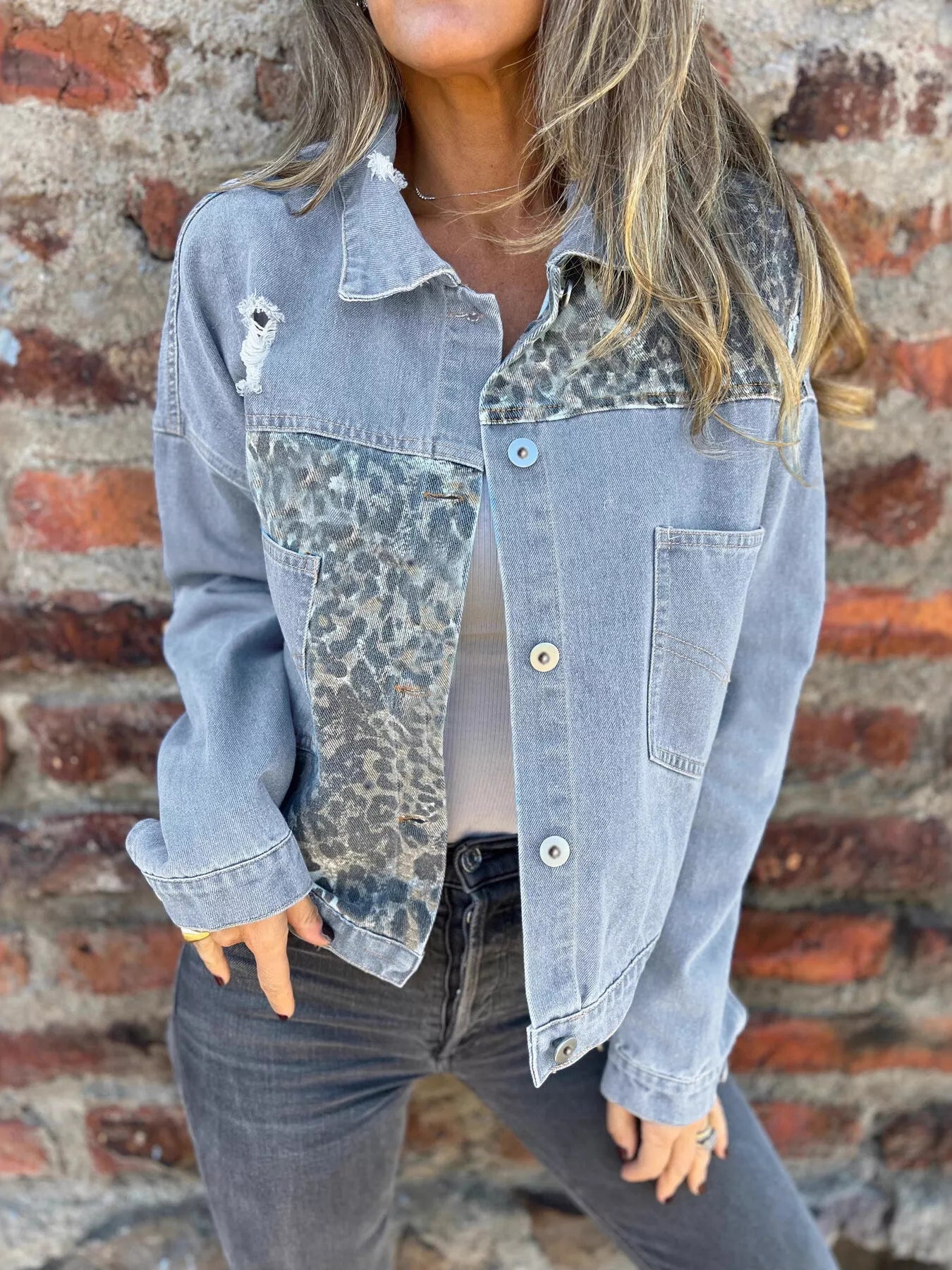 Full Size Leopard Button Up Denim Jacket Plus Size 