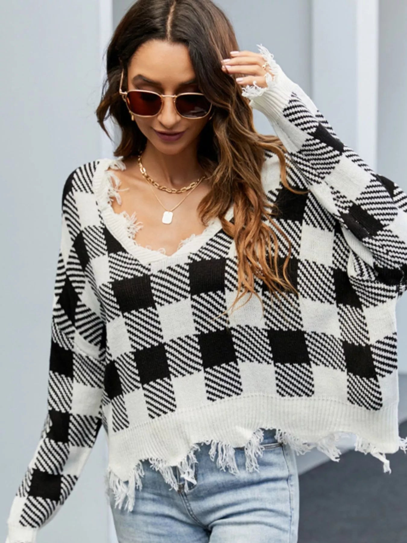 Frayed Hem Long Sleeve Sweater 