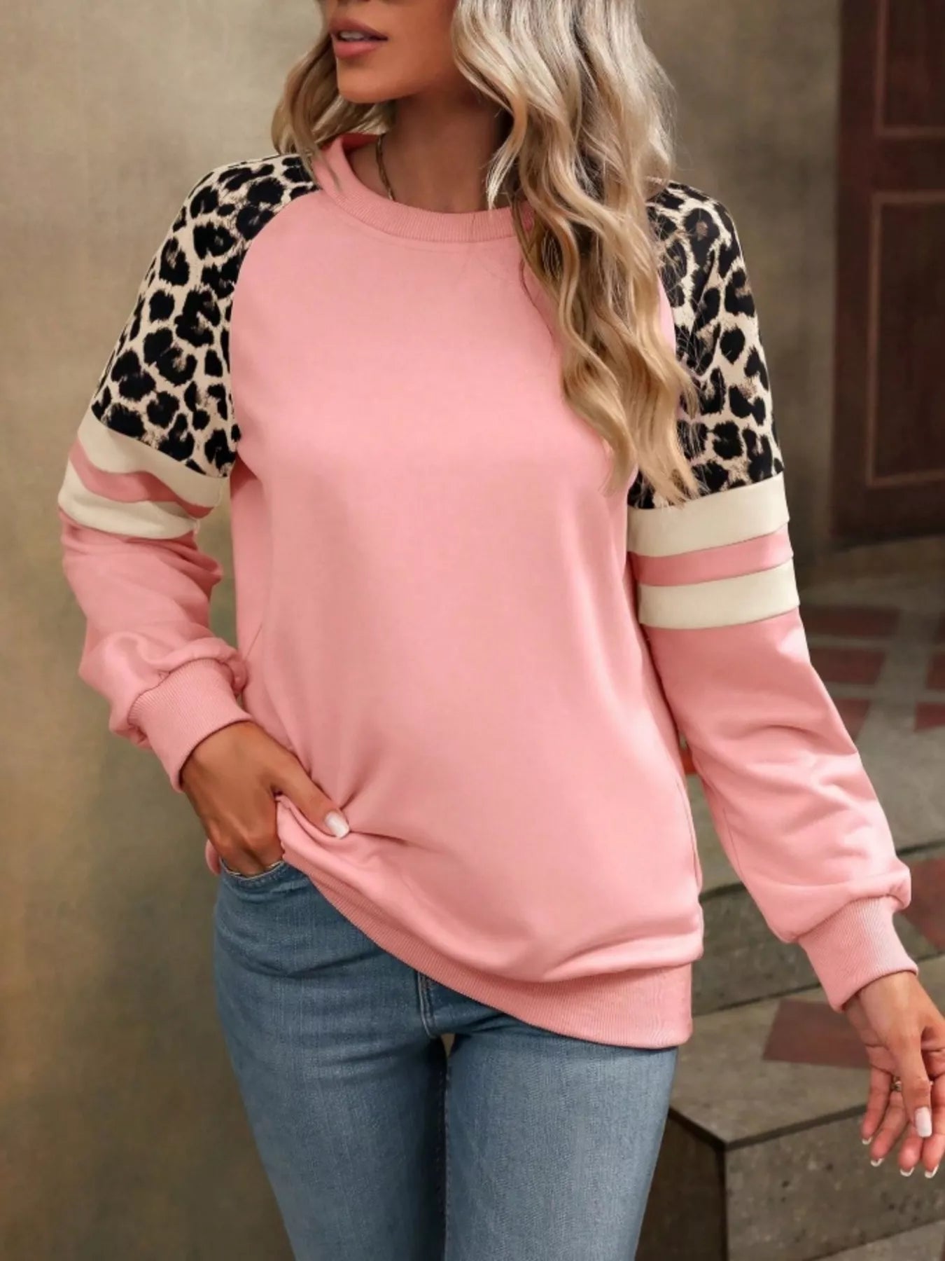 Leopard Round Neck Raglan Sleeve Sweatshirt 