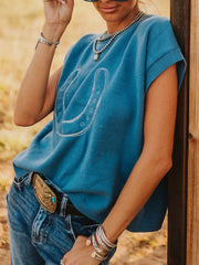 Horseshoe Graphic Round Neck Short Sleeve Sweater 