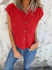 Full Size Button Down Cap Sleeve Linen Shirt Plus Size 