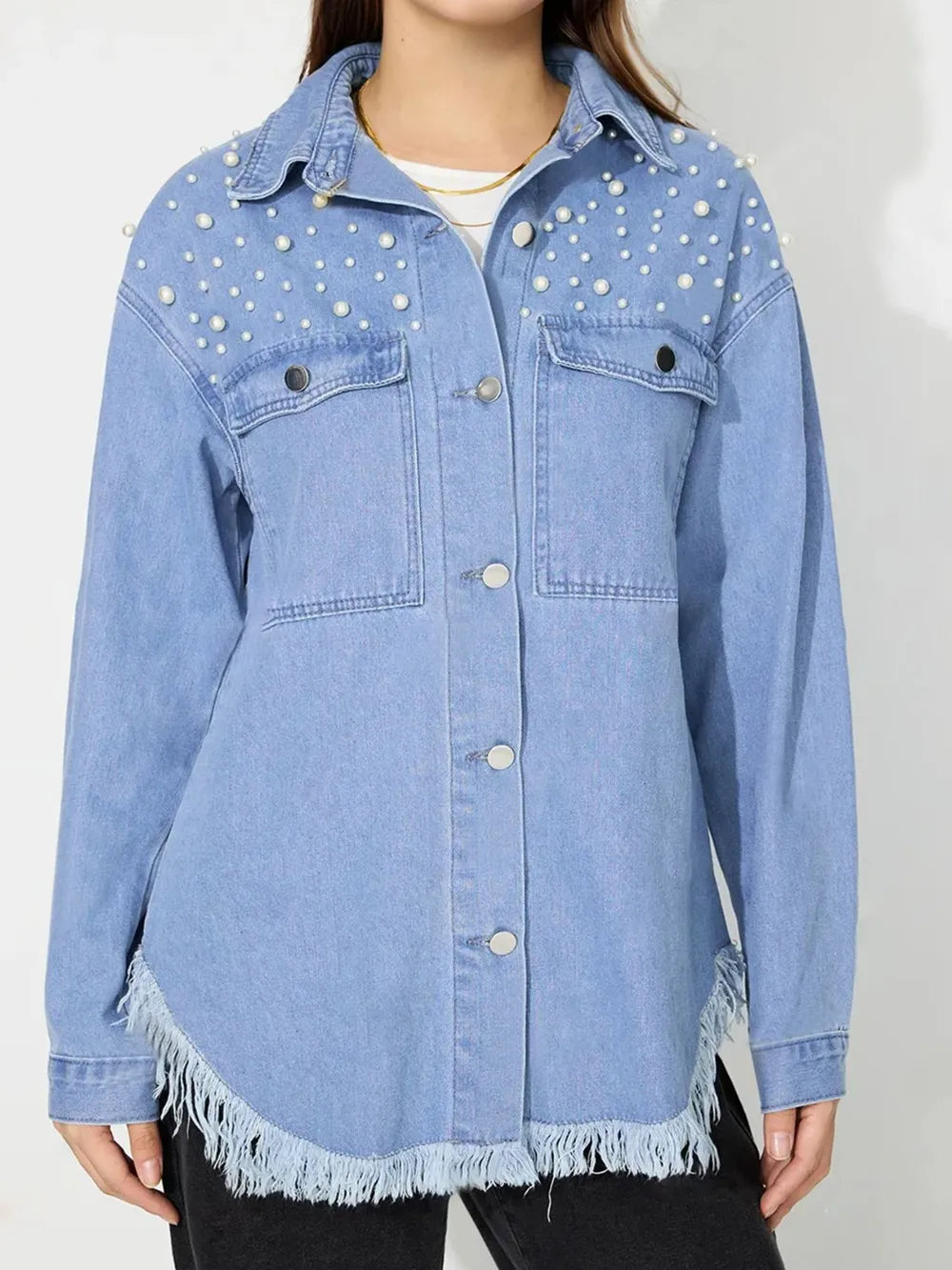 Raw Hem Pearl Trim Collared Neck Denim Top 
