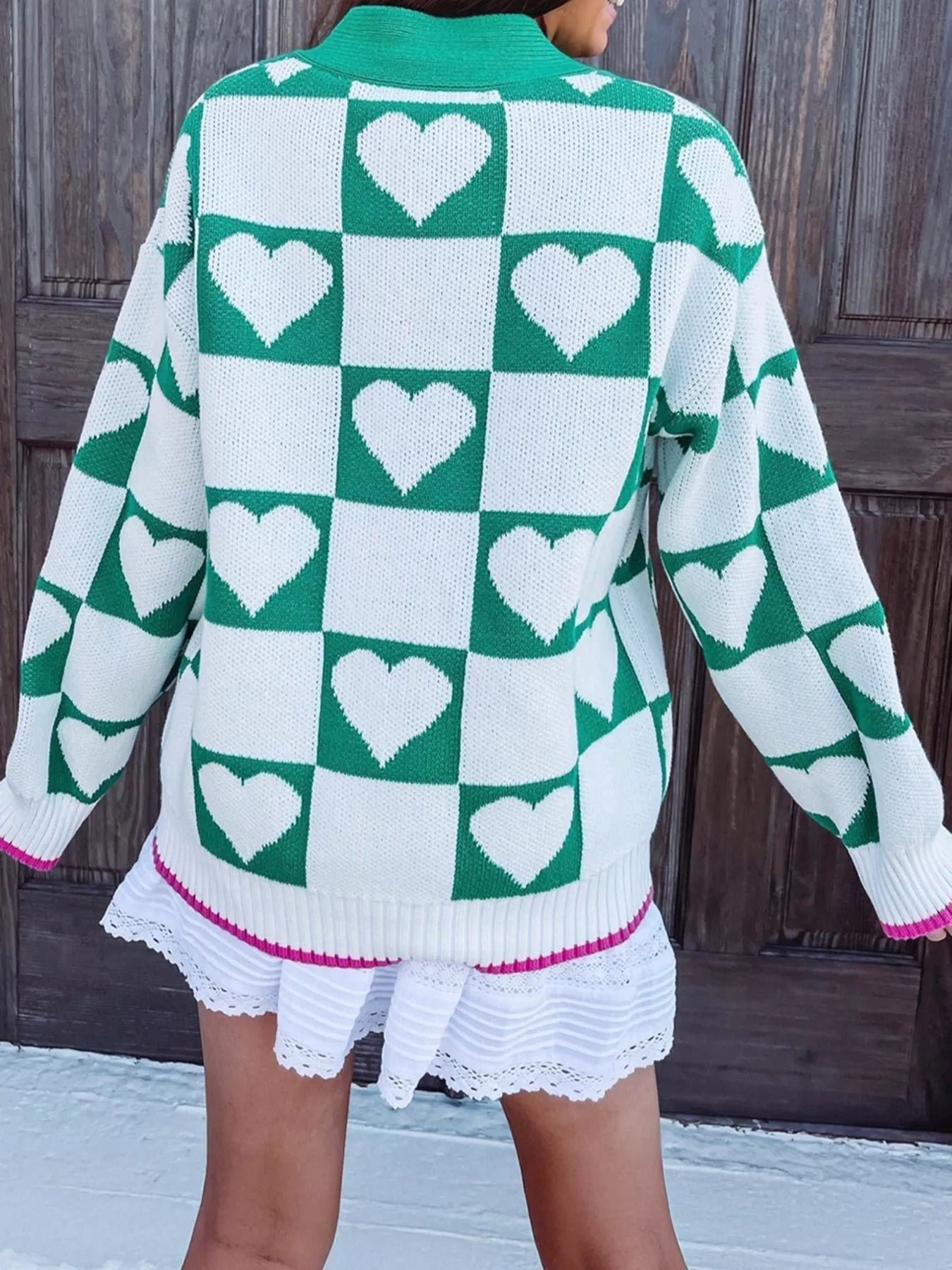 Plaid Heart Knit V Neck Button Down Sweater Cardigan 