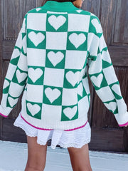 Plaid Heart Knit V Neck Button Down Sweater Cardigan 