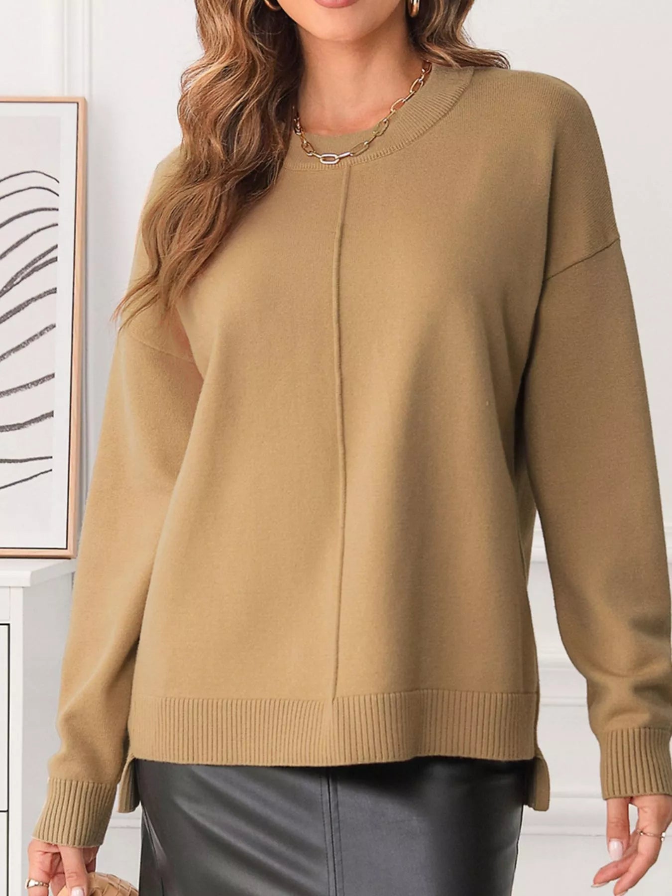 Center Seam Drop Shoulder Pullover Solid Sweater 