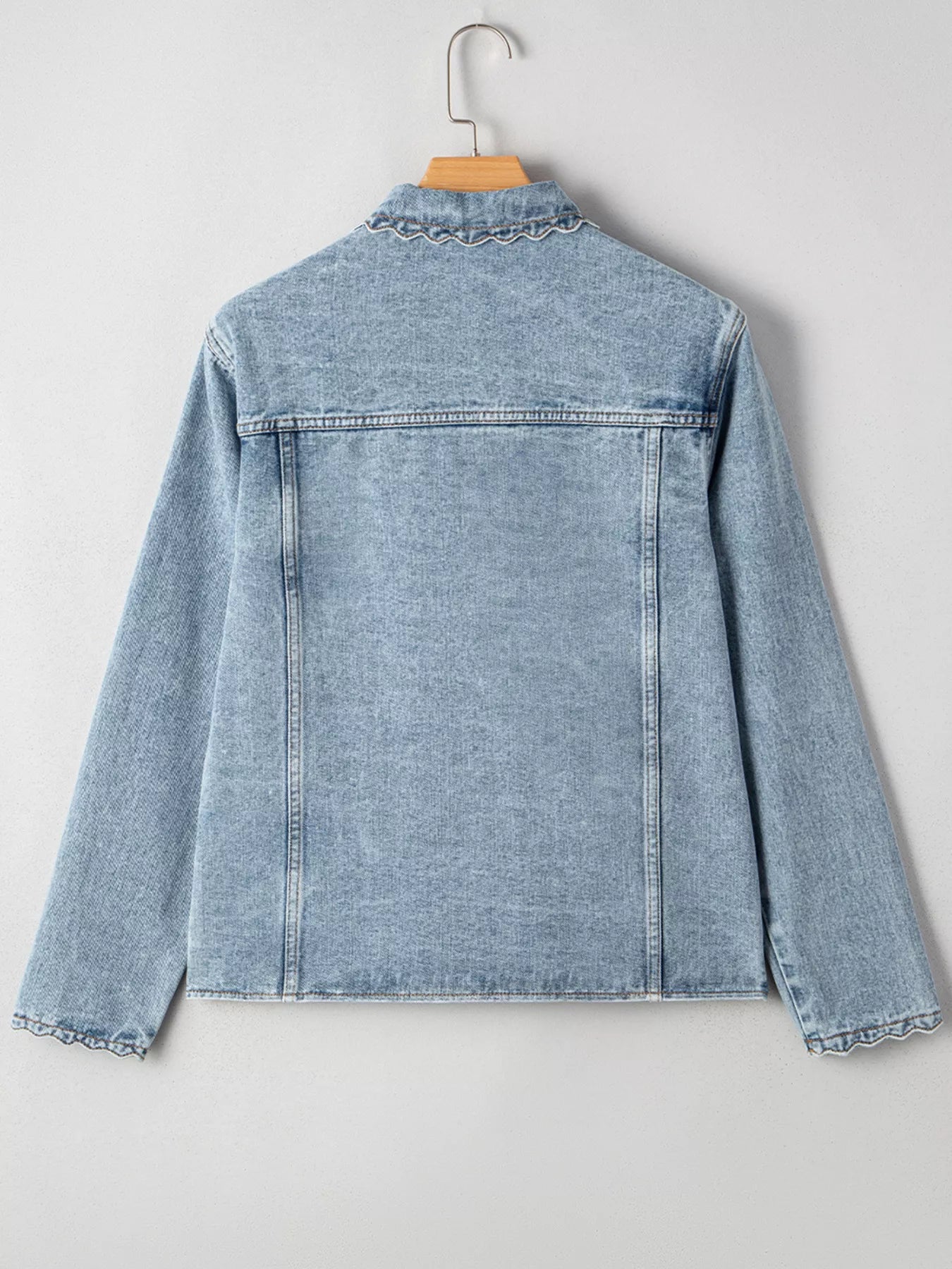 Scallop Trim Collar Patched Pocket Button Up Denim Jacket 