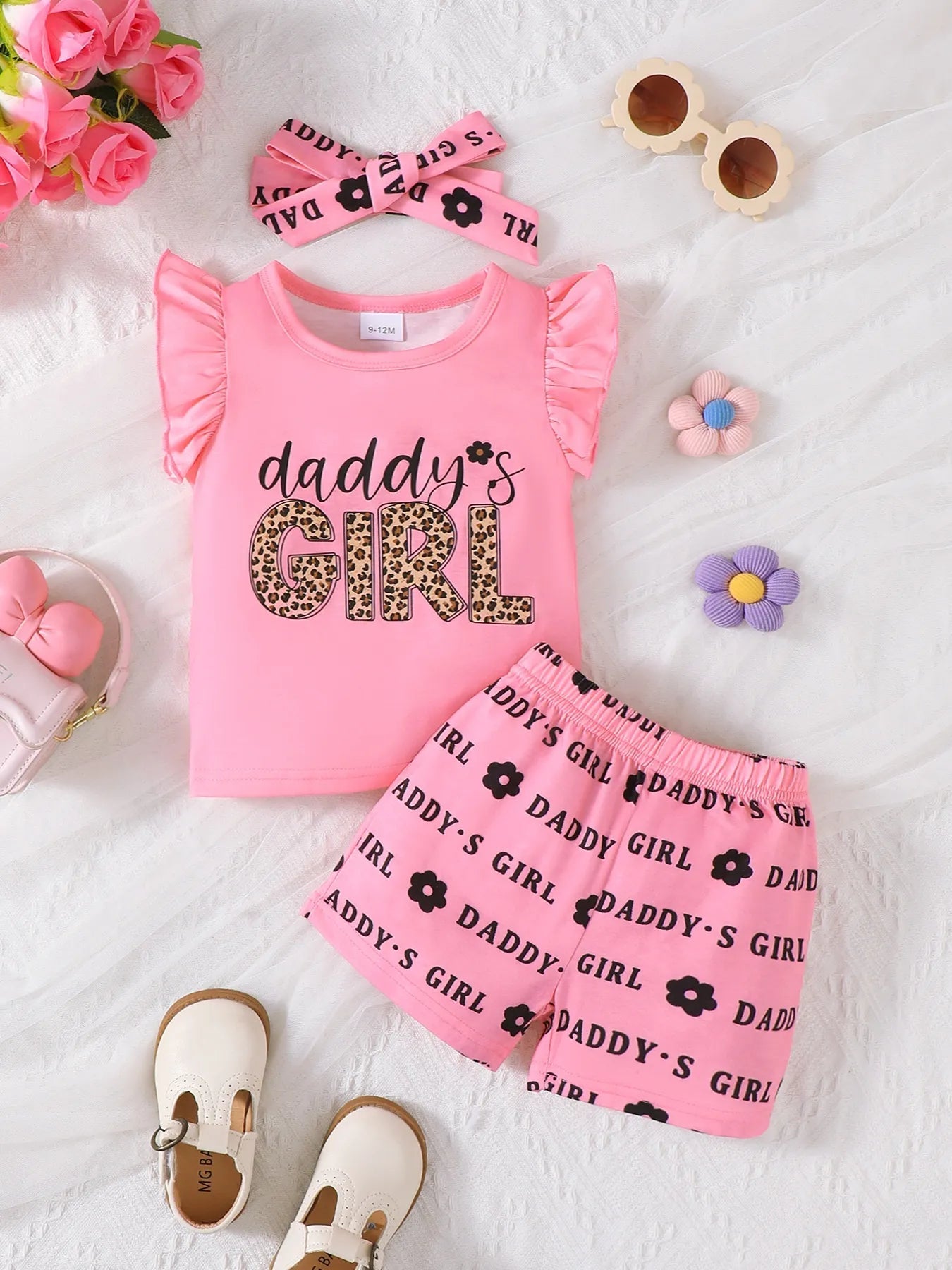 Children's Headband Letter Ruffle Sleeve Top and Shorts 3-Piece Set 