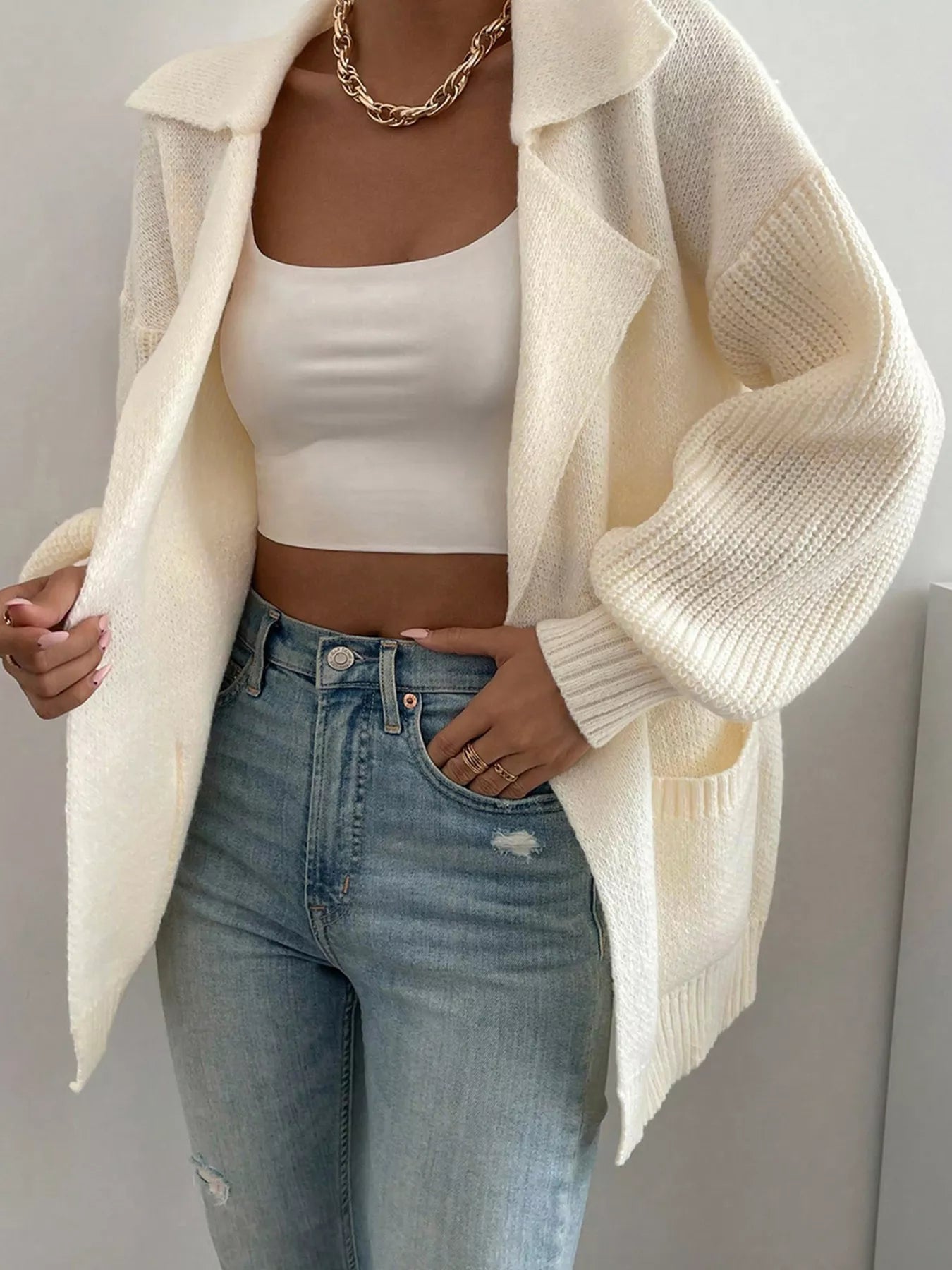 Solid Color Knit Lapel Collar Single Button Sweater Cardigan 