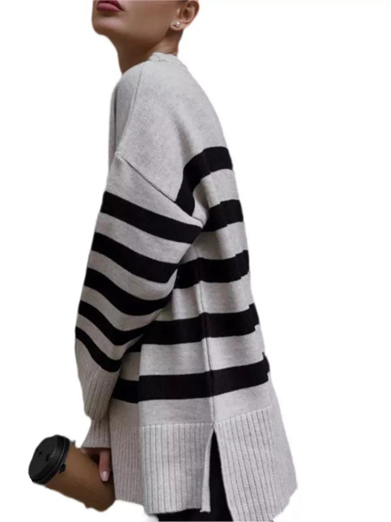 Side Slit Striped Oversized Knit Sweater 