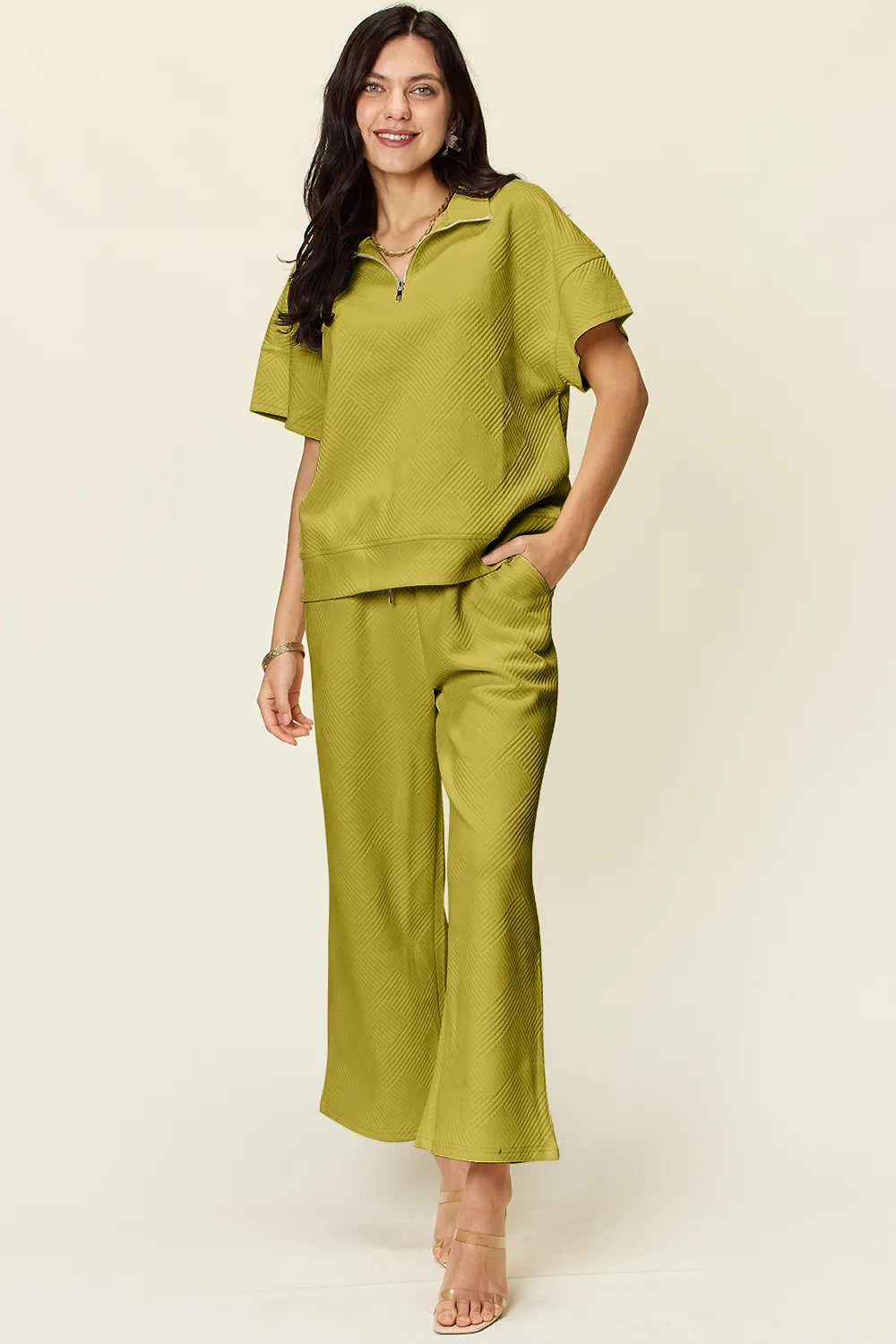 Double Take Full Size Texture Half Zip Short Sleeve Top and Pants Set 