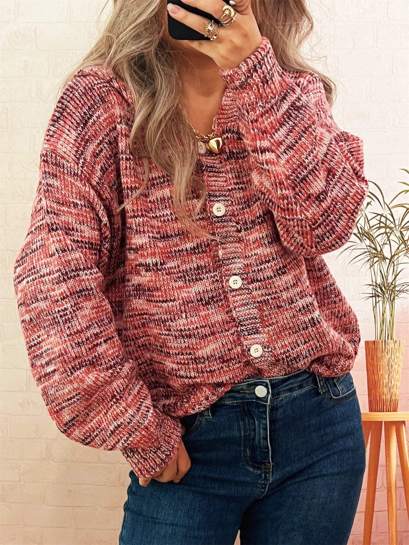 Multi-Colored Knit Button-Down Cardigan 
