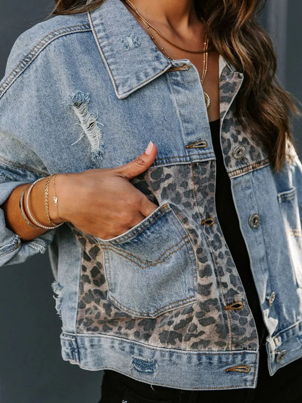 Distressed Leopard Drop Shoulder Denim Jacket 
