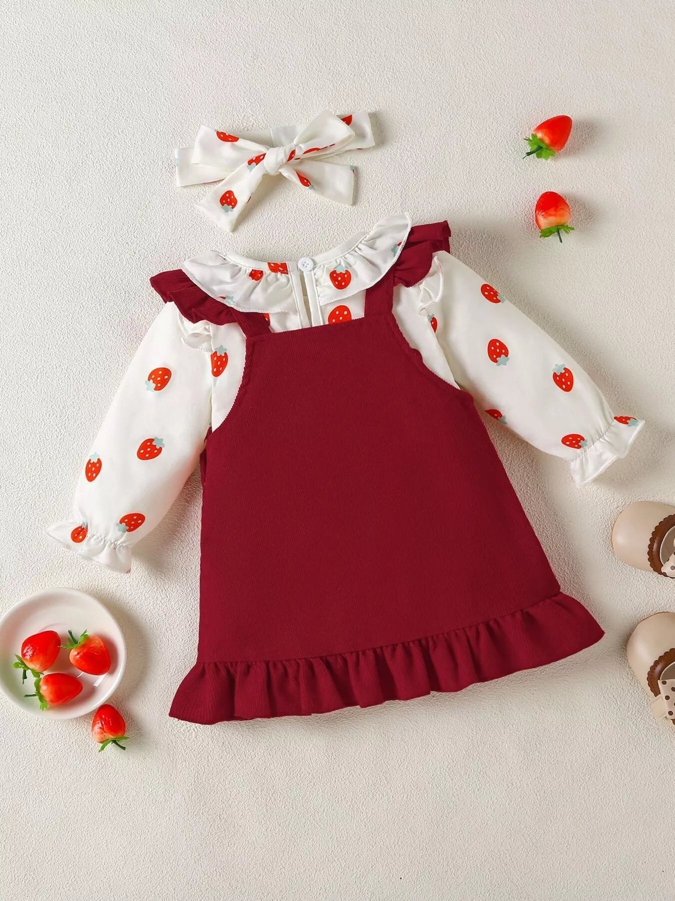 Children's Ruffled Bodysuit and Heart Decor Dress Set with Headband 