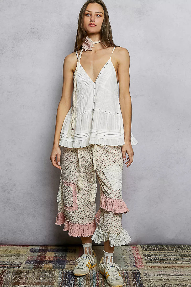 POL Button Front V-Neck Ruffled Cami with Pintuck Accents 